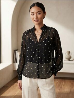 CAbi Black Smocked-Neck Blouse with Tiny White & Green Florals Style 5338
